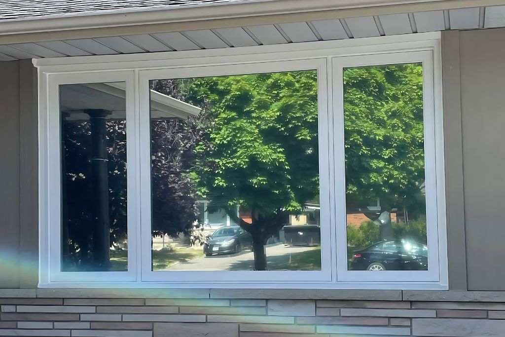 An exterior view of a house showing a large window with a white frame. The window reflects the surrounding greenery and neighborhood, with clear blue skies visible in the background.