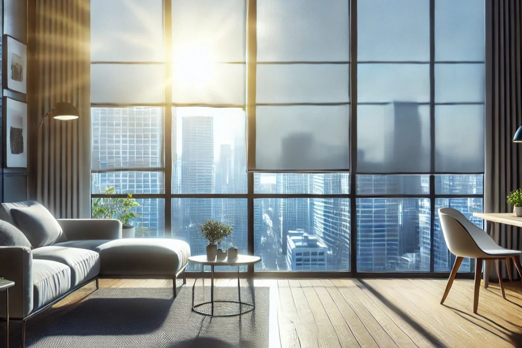 A modern living room with large windows that allow sunlight to pour in, illuminating the space. The windows reveal a cityscape view with tall buildings, and the room is furnished with a comfortable sofa, coffee table, and a desk with a chair.