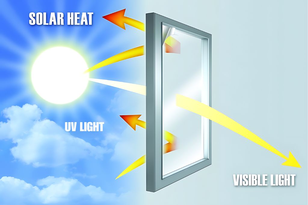 A graphic showing how solar and radiant heat interact with a window. The sun is depicted on the left, with arrows indicating solar heat being blocked and radiant heat being reflected back outside. Visible light is shown passing through the window into the room.