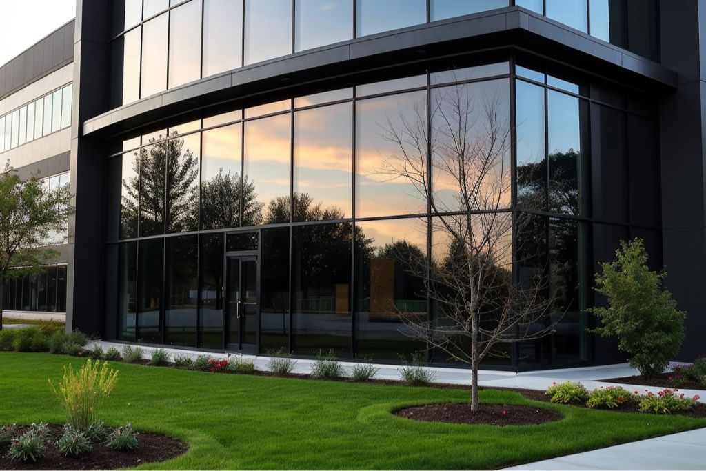 Aesthetic Appeal and Professionalism - image showcases the exterior of a modern commercial building with large, reflective glass windows. The windows mirror the surrounding landscape, including trees and the sunset sky, creating a sleek and polished appearance. The well-manicured lawn and landscaping complement the architectural design, emphasizing the aesthetic appeal of window films that enhance both energy efficiency and visual appeal in commercial spaces.