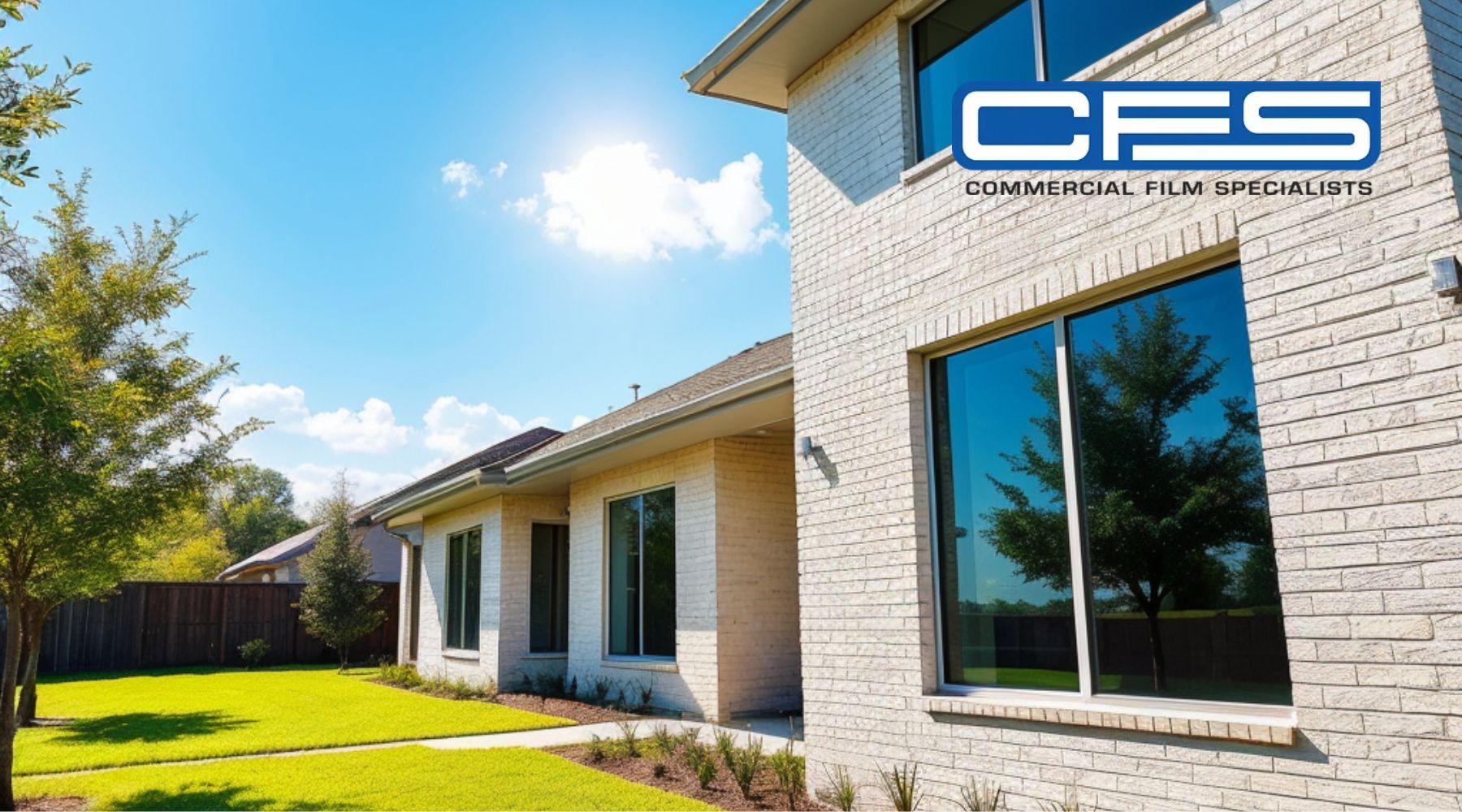 Best Residential Window Tinting Service in Houston - A bright, sunny day highlights a modern brick home with large, reflective windows. The windows showcase the benefits of professional window tinting, providing a sleek appearance. The logo of "CFS - Commercial Film Specialists" is placed prominently in the top right corner of the image. The well-maintained lawn and trees in the yard add to the overall polished look of the property.