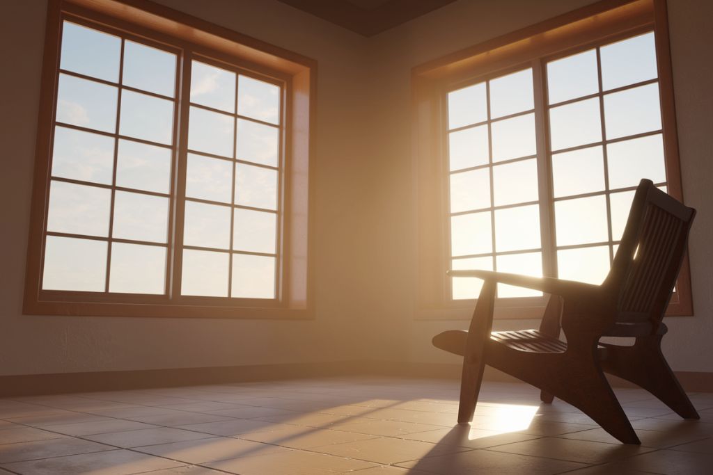 The image shows a serene, sunlit room with large wooden-framed windows and a single empty wooden chair. The sunlight streams in through the windows, casting soft shadows on the tiled floor, creating a warm, peaceful atmosphere.