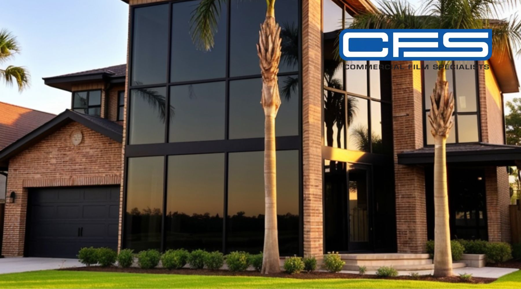 Does Window Film Help Keep the Heat Out of Your House in Houston? - mage shows a modern house with large reflective glass windows and brick walls, framed by palm trees and a well-kept lawn. In the top right corner, the logo of "CFS Commercial Film Specialists" is visible, indicating the company's specialization in window films, likely promoting energy efficiency or heat control for homes.