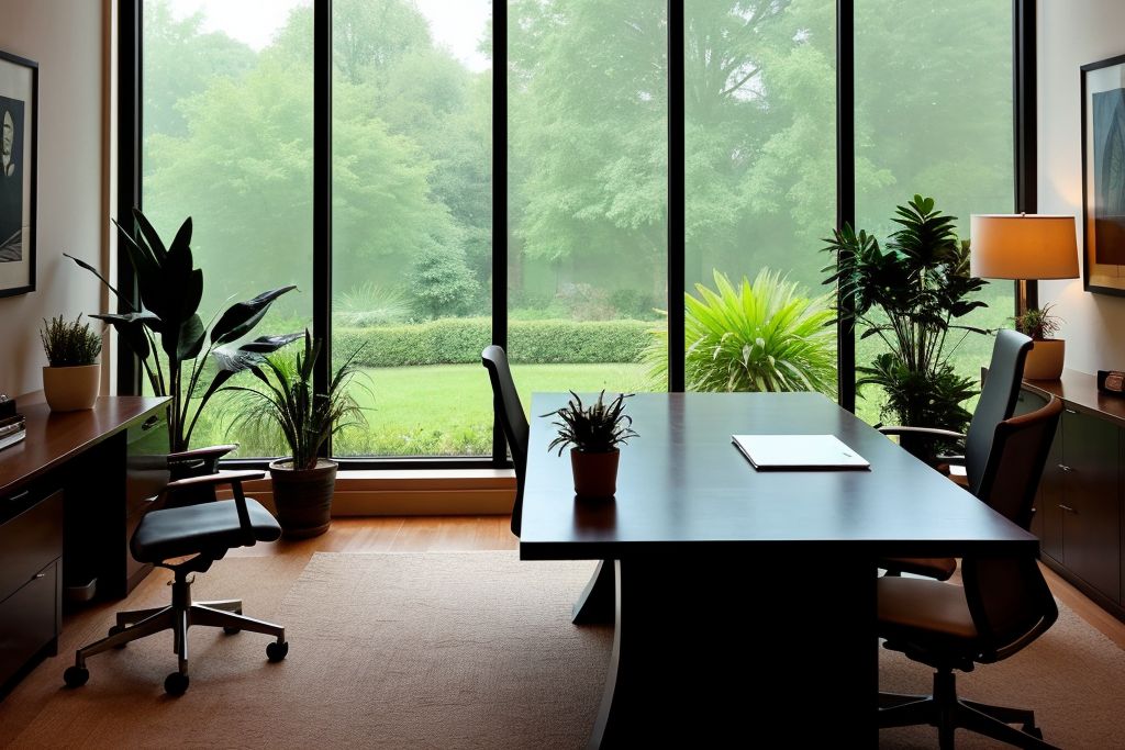 This image shows a bright, modern office space with large floor-to-ceiling windows overlooking a lush, green garden. The office is furnished with a sleek black desk, ergonomic chairs, and several potted plants that add a natural touch to the room. The expansive windows allow ample natural light to fill the space, illustrating the potential for window films to provide UV protection and preserve interior furnishings while maintaining a connection with the outdoors.