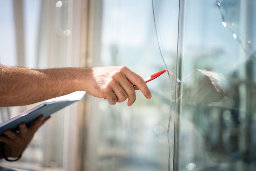 A close-up of a person's hand holding a red pen, pointing at a crack in a large glass window during an assessment. The individual is holding a blue clipboard, likely taking notes about the window's condition. The reflection of the hand and pen is visible on the glass, emphasizing the inspection process.