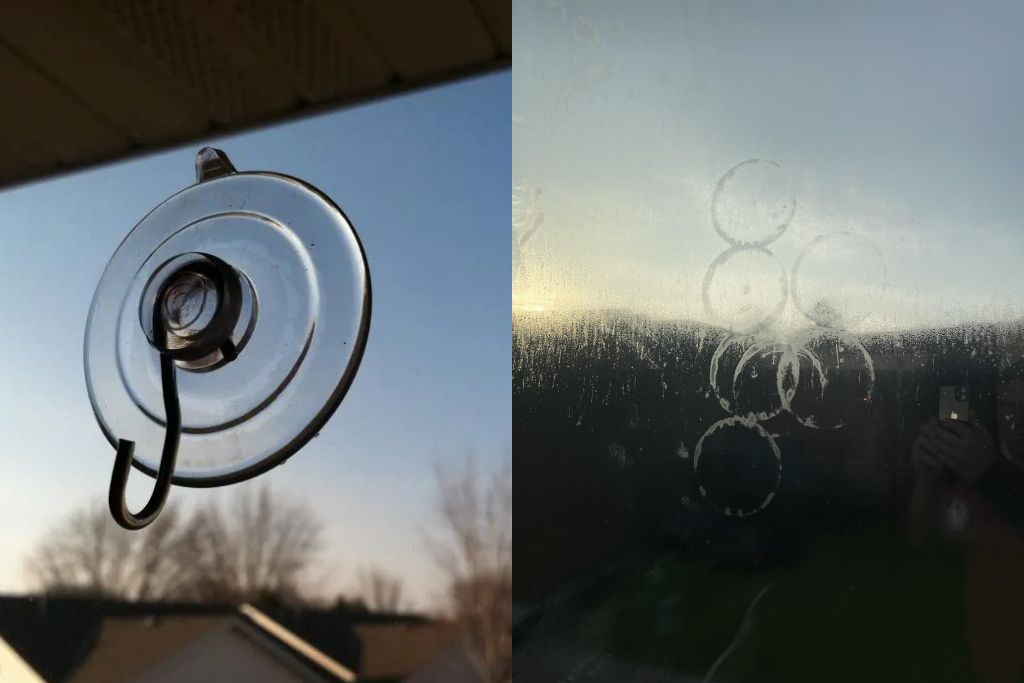 Side-by-side images showing a suction cup hook attached to a clean window on the left, and the same window on the right with visible circular residue marks left behind, highlighting damage risks to window tint.