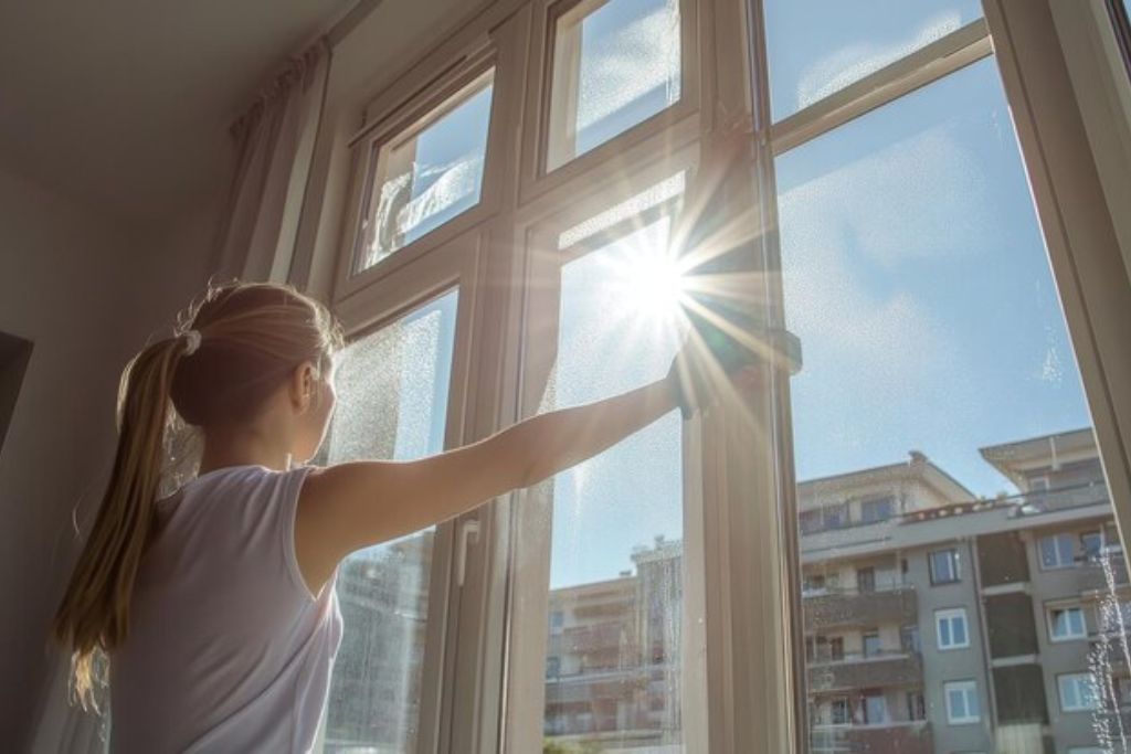 A woman applies window film to a sunlit window, with bright sunlight streaming through the glass. Outside, apartment buildings are visible under a clear blue sky, highlighting the need for UV protection indoors.