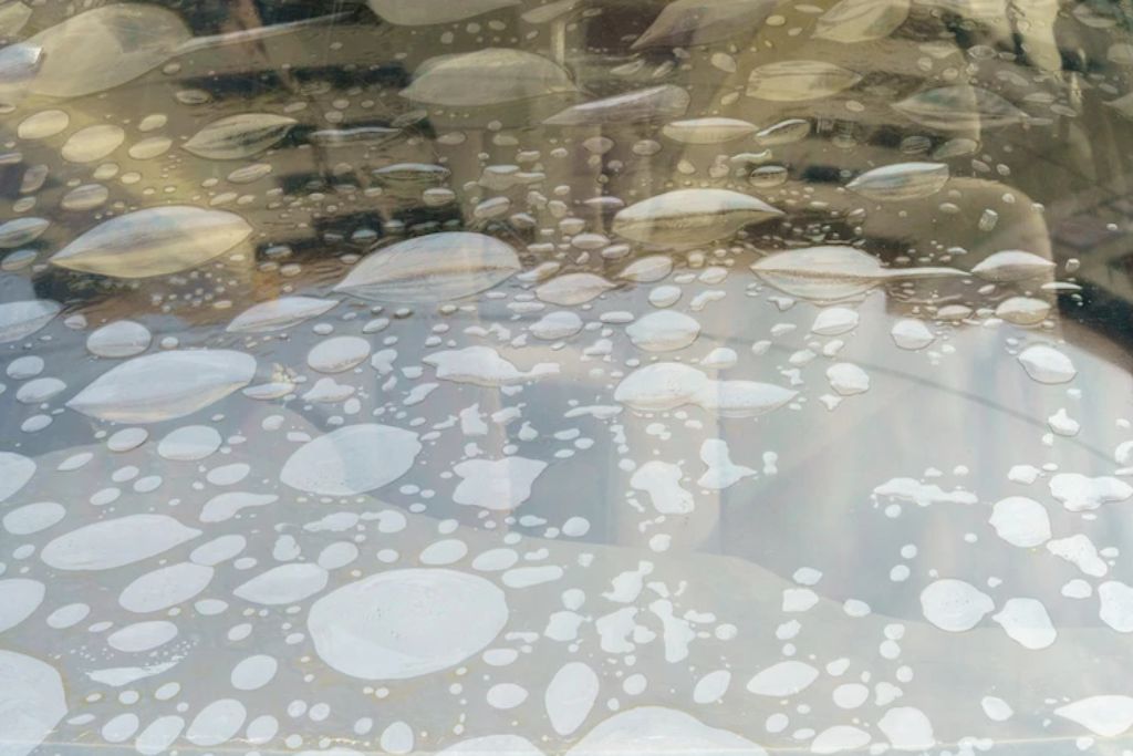 Close-up of a window with numerous air bubbles trapped beneath the surface of the tint, indicating improper adhesion or aging film in need of professional repair.