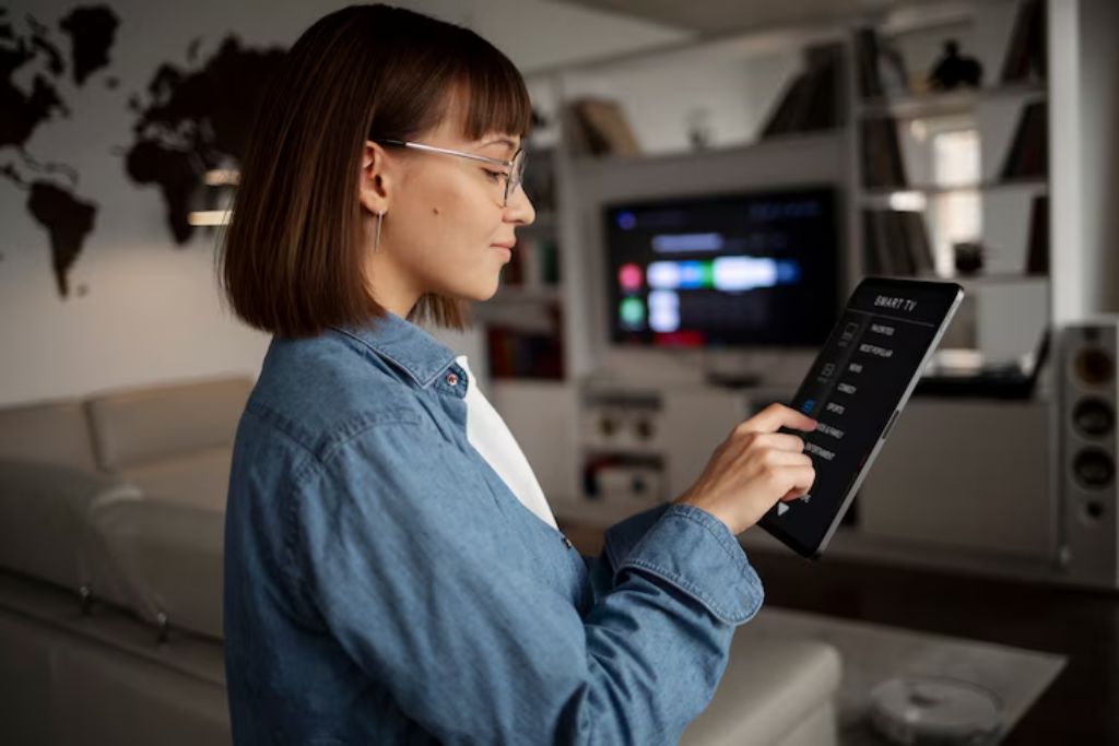 A woman in glasses and a denim shirt uses a tablet to control a smart TV in a modern living room, showcasing home automation technology. The tablet screen displays a control panel with options like movies, settings, and apps.