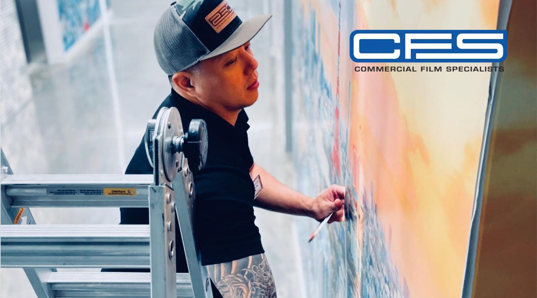 A man wearing a CFS hat and black shirt stands on a ladder while carefully applying window film or artwork to a large glass surface. The logo for Commercial Film Specialists (CFS) is prominently displayed in the top right corner.