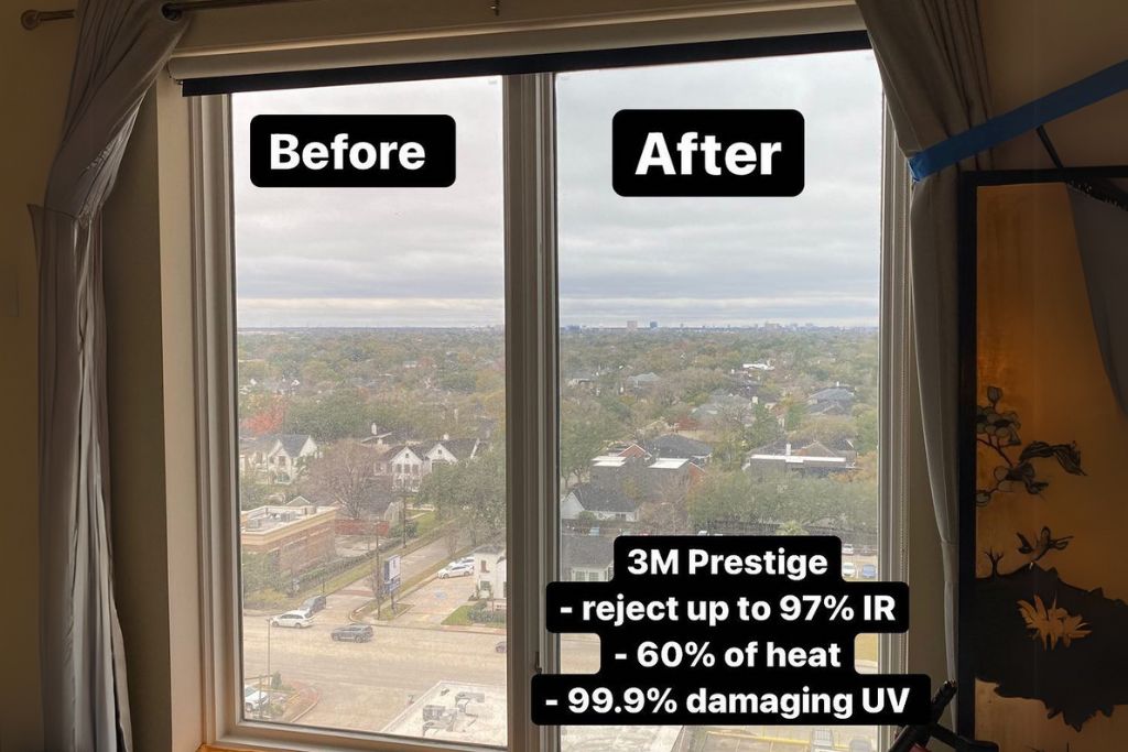 Split-screen view from inside a high-rise showing the “Before” and “After” effects of installing 3M Prestige window film, with clearer visibility and less glare on the right. Text overlay highlights film benefits: up to 97% infrared rejection, 60% heat reduction, and 99.9% UV protection.