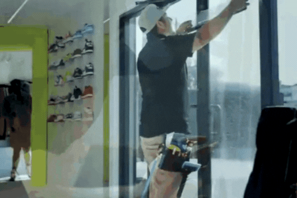 Animated image showing a technician applying thermal window film to a glass storefront window in a retail space, with a toolbelt visible, highlighting the professional installation process and the clear, heat-reflective film being smoothed onto the glass.