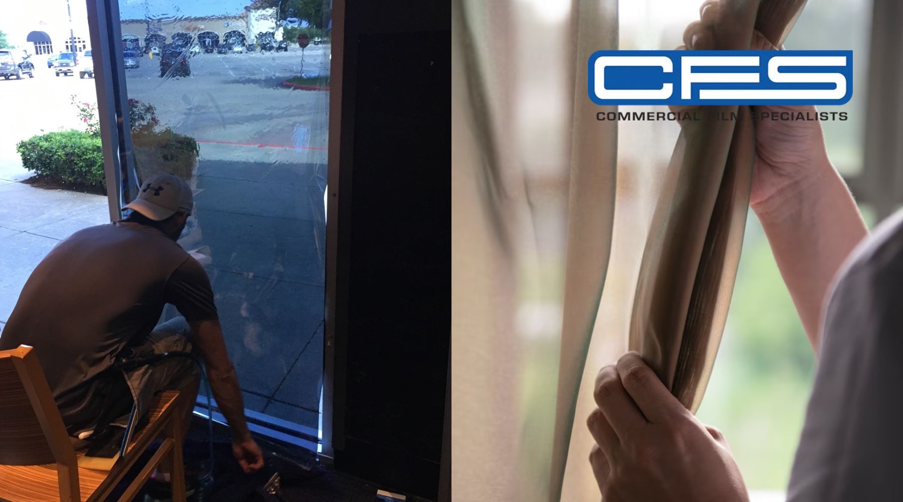 Side-by-side comparison image showing a person applying window film to a glass door on the left, and a hand pulling back sheer curtains with the "CFS Commercial Film Specialists" logo on the right, illustrating options for energy-efficient window treatments.