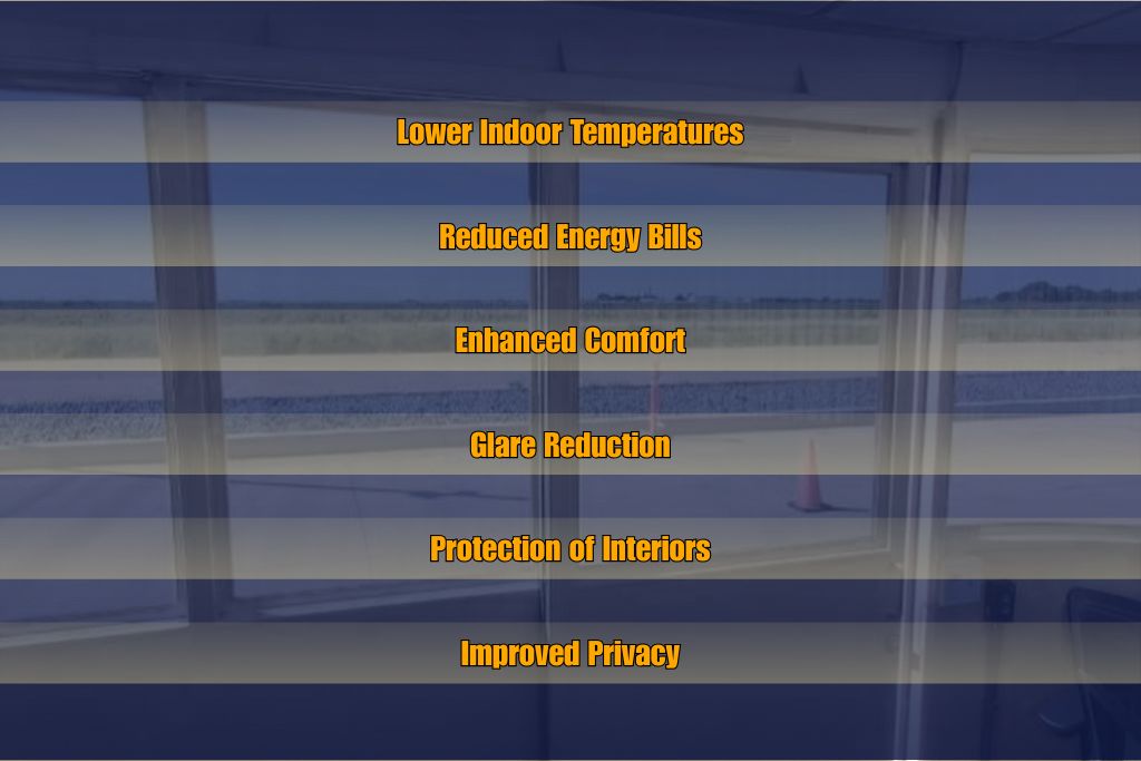 List of benefits of heat control window film overlaid on a window view, including: Lower Indoor Temperatures, Reduced Energy Bills, Enhanced Comfort, Glare Reduction, Protection of Interiors, and Improved Privacy.