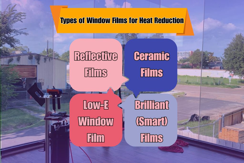 Infographic overlaid on a large glass window showing four types of window films for heat reduction: Reflective Films, Ceramic Films, Low-E Window Film, and Brilliant (Smart) Films. Each type is displayed in a separate speech bubble-style box.