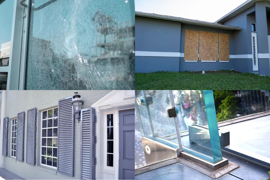 A collage comparing four window protection methods: top left shows a cracked but intact window with security film; top right shows a home with windows boarded up with plywood; bottom left displays a house with decorative storm shutters; and bottom right features a close-up of laminated impact-resistant glass.
