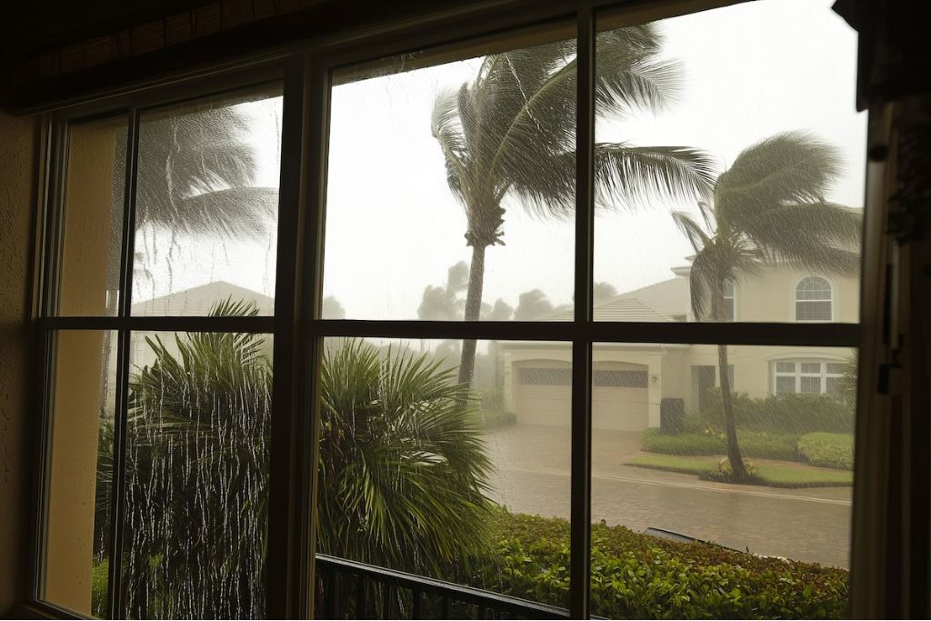 View through a rain-streaked window during a hurricane, showing palm trees bending in strong winds and a suburban home partially obscured by heavy rain. The scene illustrates the intensity of a storm and the importance of having reinforced windows for protection.