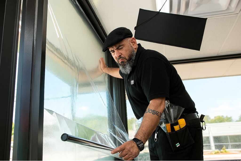 Installer applying clear window film to a large glass pane, demonstrating how different types of tint can affect light transmission and plant growth.