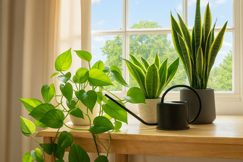 Sunlit windowsill with a pothos and two snake plants in modern pots beside a black watering can, illustrating how filtered natural light supports healthy indoor plant growth.