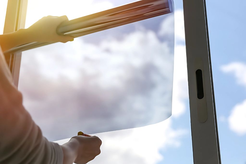 Close-up of a person applying a sheet of window tint to a sunlit residential window, with bright fall sunlight and blue sky visible through the glass. This image supports the message that fall in Houston is the ideal season for reducing glare and UV exposure with professional window tinting.