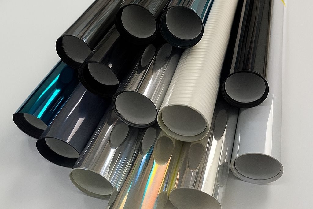 A collection of rolled window films in various finishes and shades, including reflective, tinted, matte, and textured options, displayed on a white surface. This image represents the range of choices available when choosing the right film for your home based on function and style.