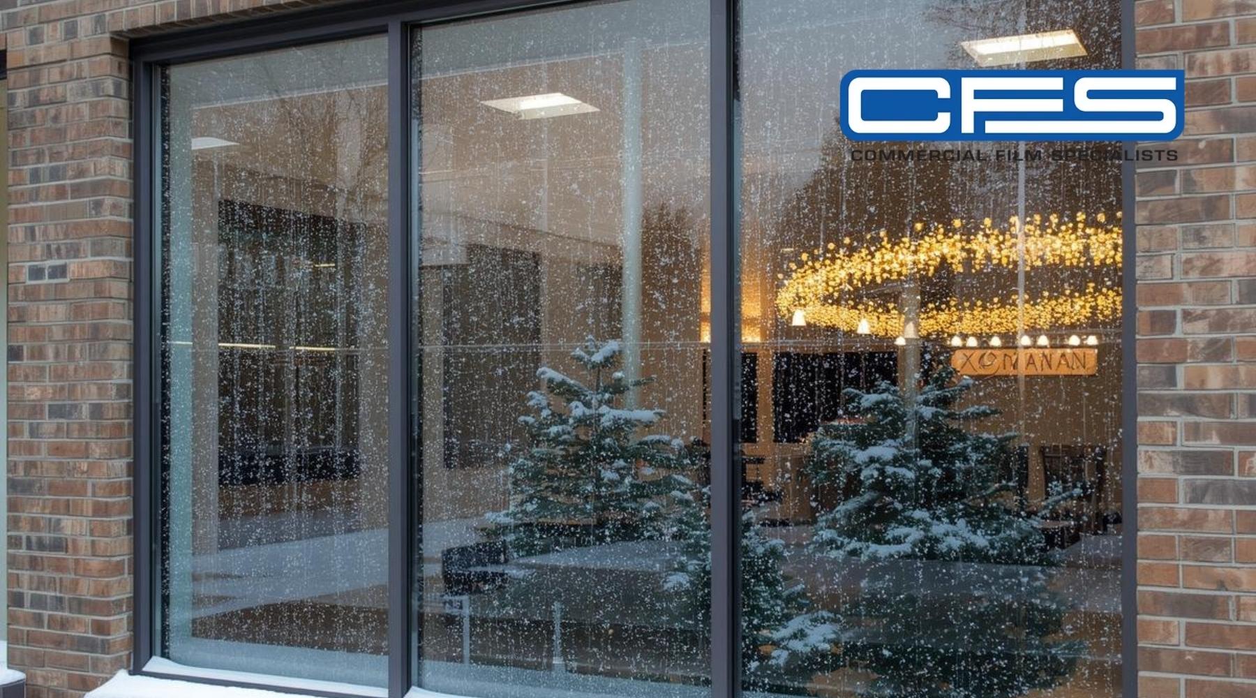 Snow-covered window exterior of a commercial building with visible interior lighting and Christmas trees reflecting on the glass.