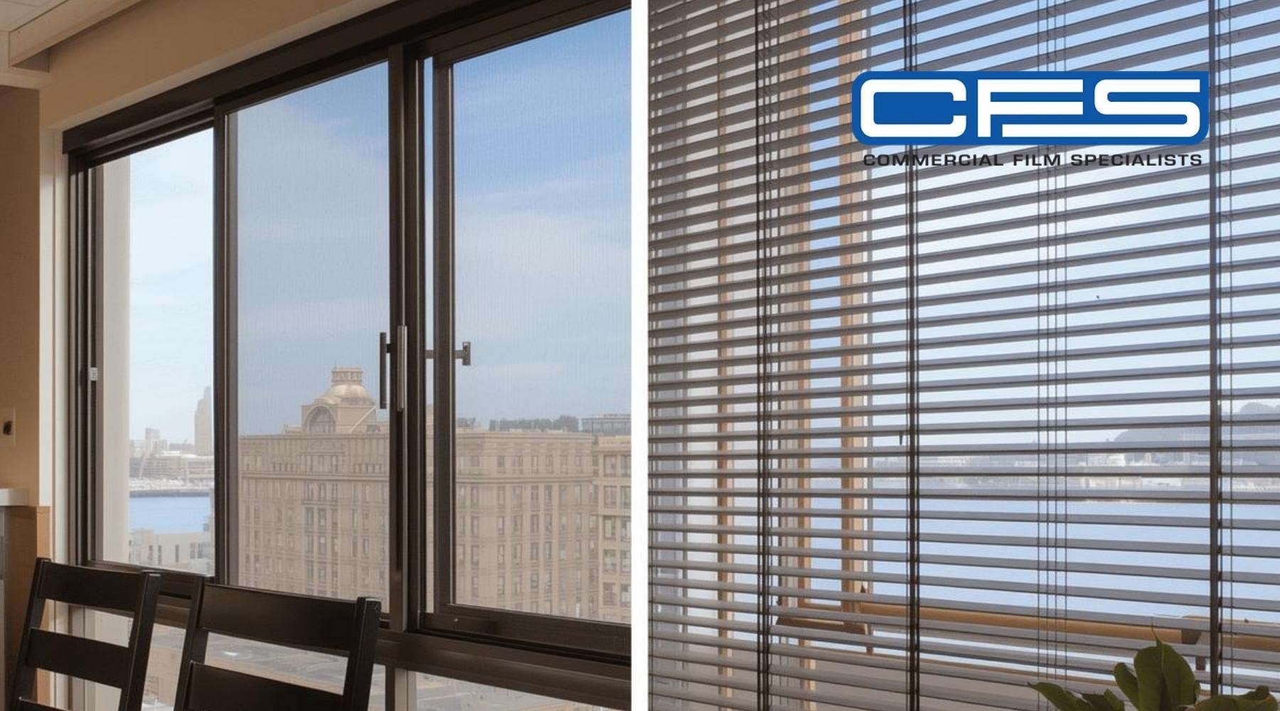 Side-by-side comparison of office window tinting and traditional blinds in commercial settings, highlighting differences in visibility, natural light, and design.