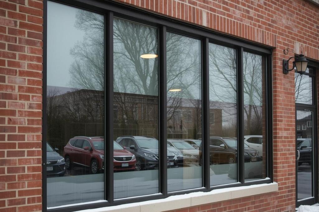 Exterior view of a commercial building with large, tinted windows featuring insulating window film during winter.