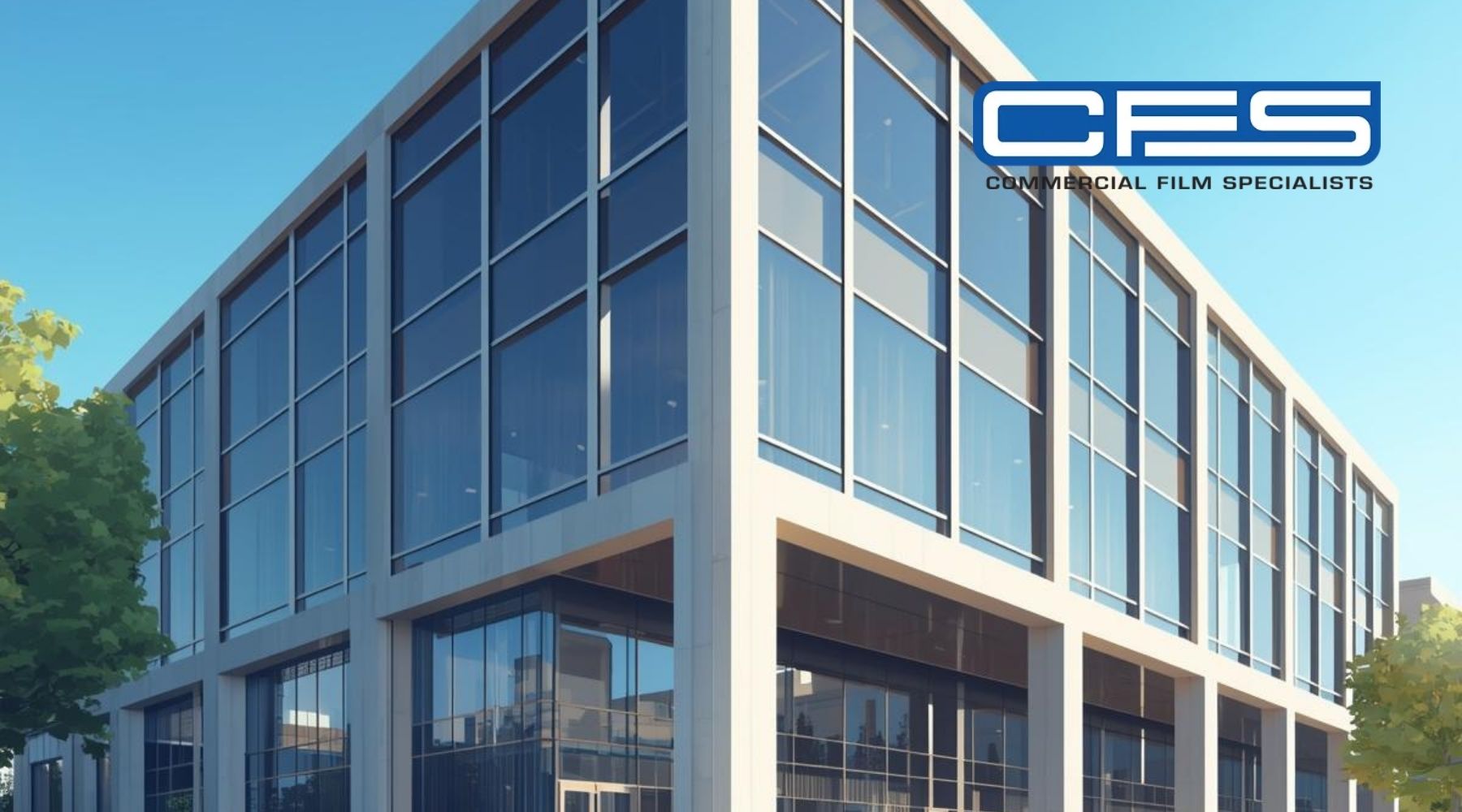Modern commercial office building with large glass windows and Commercial Film Specialists logo displayed in the top corner.