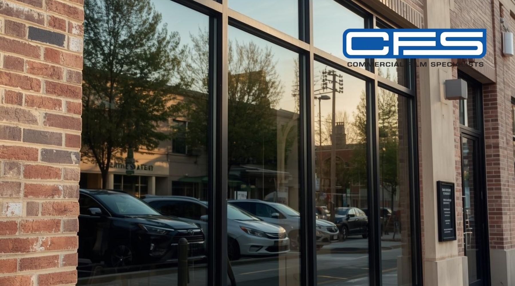 Commercial storefront windows with dark security window film installed by Commercial Film Specialists in Houston.