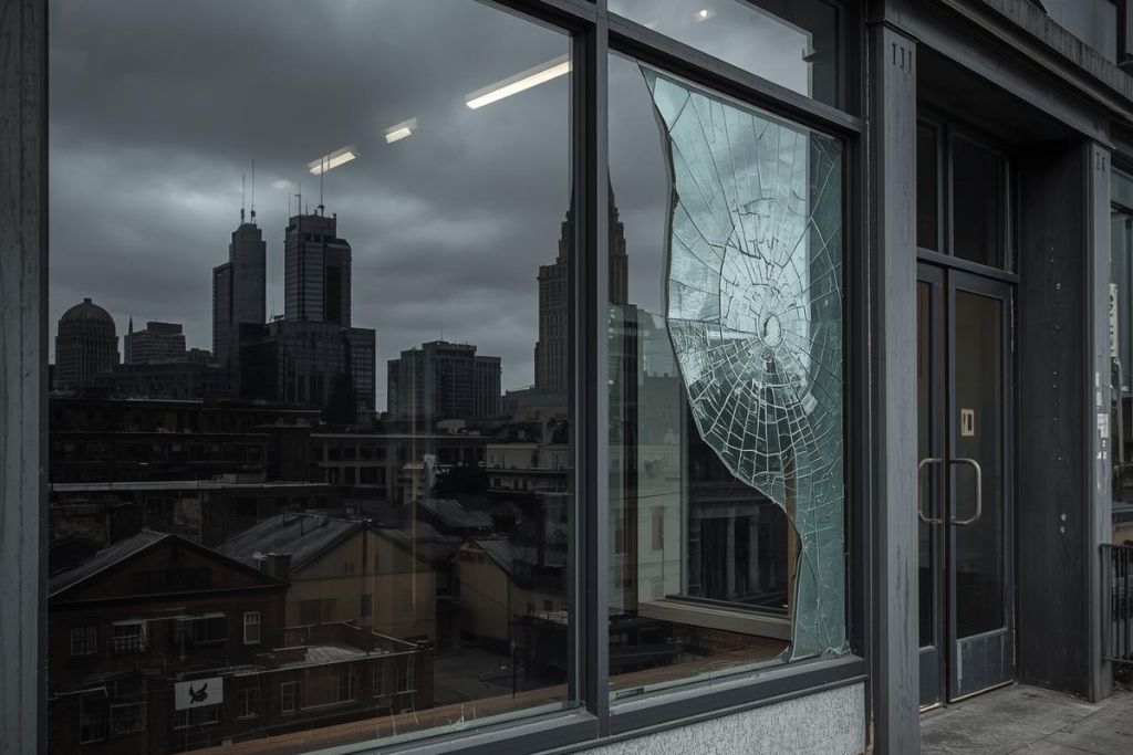 Broken commercial window with shattered glass on a city building, illustrating smash-and-grab damage.