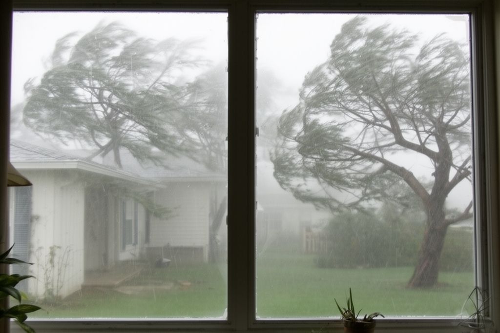 Strong hurricane winds bending trees outside a residential window during a severe storm in Houston